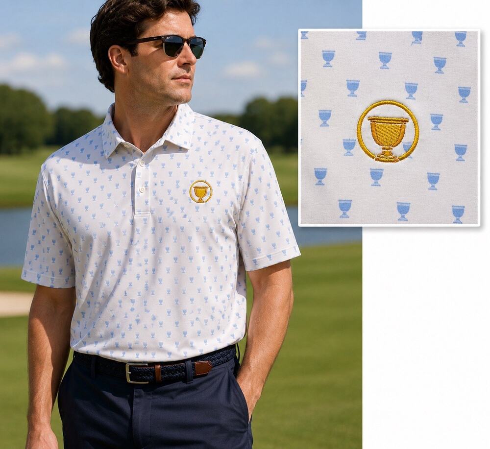 B. Draddy Sport Presidents Cup AOP All Over Trophy Print Golf Polo Shirt L